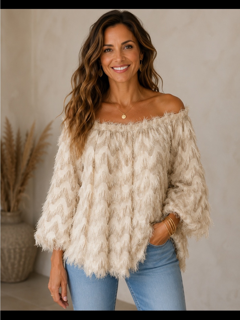 NWT Easel Beige Textured Fringe Off-Shoulder Women's Top